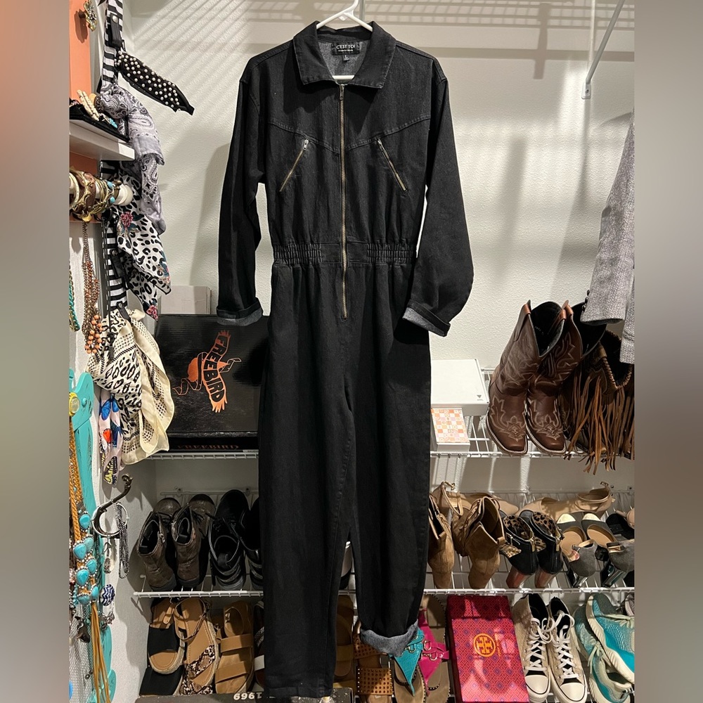 Black denim jumpsuit